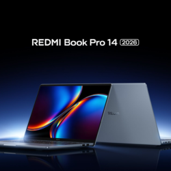 Imagine principală Xiaomi Redmibook 14 Pro 2026, vedere înclinată cu strălucire albastră și logo REDMI